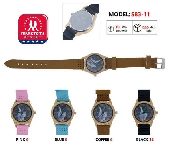 Reloj análogo para dama, correa de piel, caja estilo madera, carátula estampado de gato