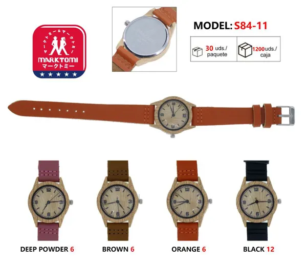 Reloj análogo para dama, correa de piel, caja estilo madera, carátula sencilla