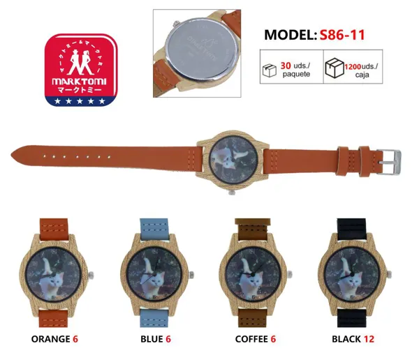 Reloj análogo para dama, correa de piel, caja estilo madera, carátula estampado de gato