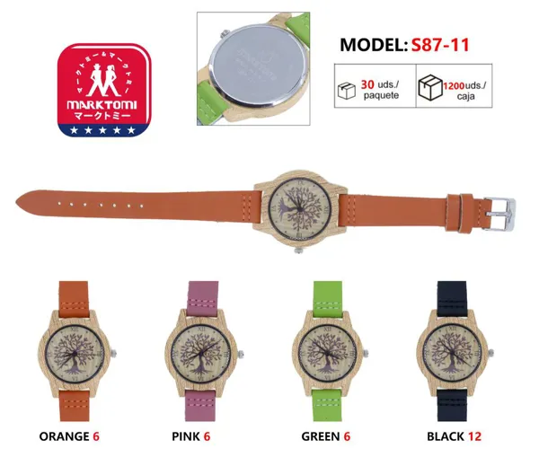 Reloj análogo para dama, correa de piel, caja estilo madera, carátula estampado de venado y árbol