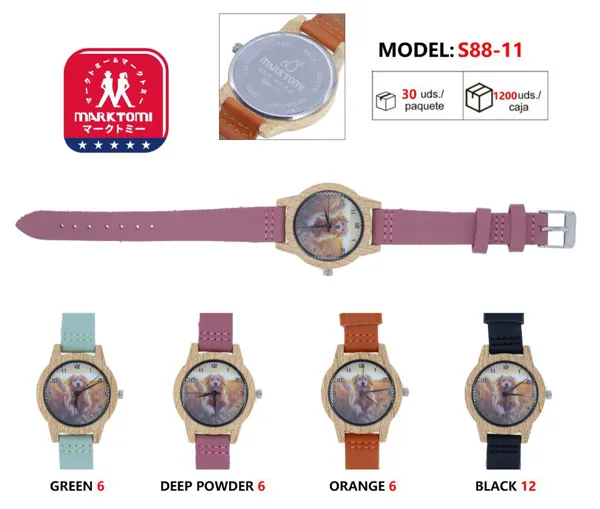 Reloj análogo para dama, correa de piel, caja estilo madera, carátula estampado de perro