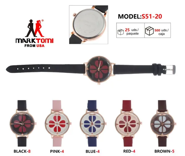 Reloj análogo para dama con correa de piel y diseño de flor, caja dorada