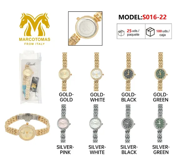 Reloj análogo para dama con brazalete metálico y detalles de cristal, tono dorado o plateado