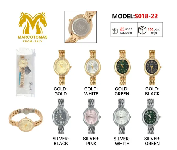 Reloj análogo para dama con brazalete metálico y bisel de cristales, tono dorado o plateado