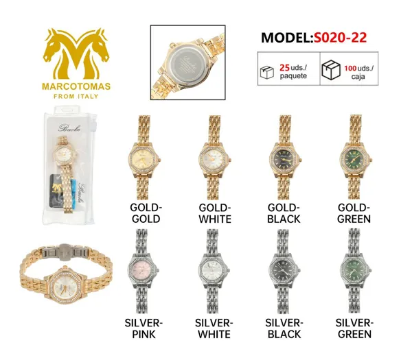 Reloj análogo para dama con brazalete metálico y bisel octagonal de cristales, tono dorado o plateado