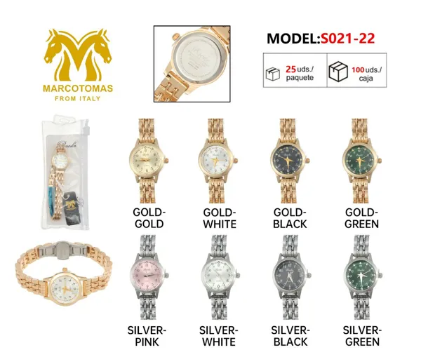 Reloj análogo para dama con brazalete metálico y números arábigos, tono dorado o plateado