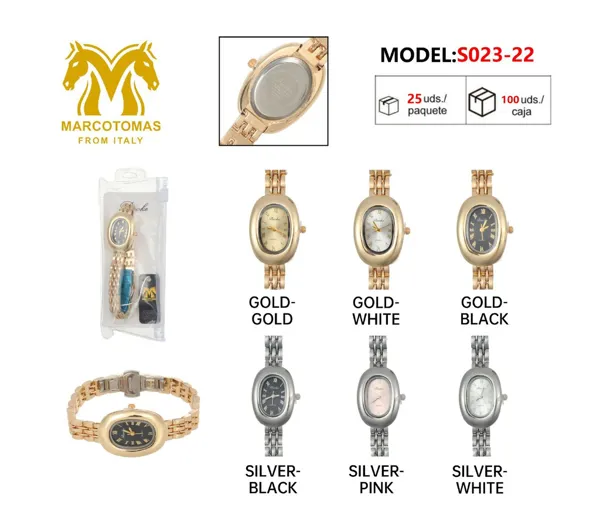 Reloj análogo para dama con brazalete metálico, carátula ovalada, tono dorado o plateado