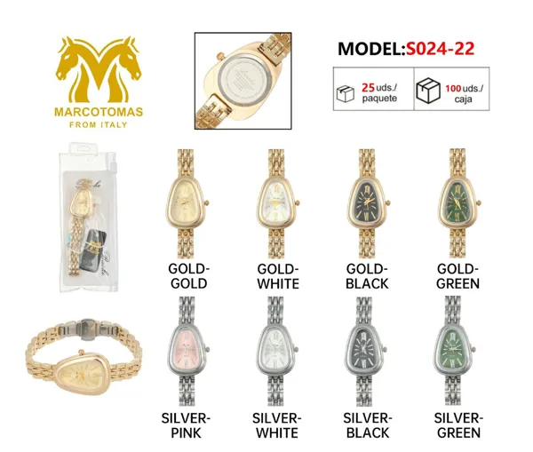Reloj análogo para dama con brazalete metálico y carátula de diseño irregular, tono dorado o plateado