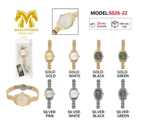 Reloj análogo para dama con brazalete metálico y caja cojín, tono dorado o plateado