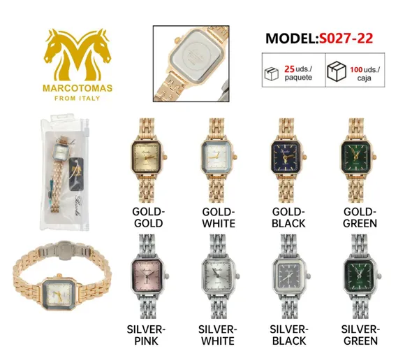 Reloj análogo para dama con brazalete metálico, carátula cuadrada, tono dorado o plateado