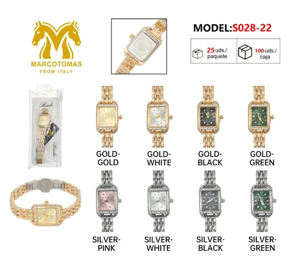 Reloj análogo para dama con brazalete metálico y caja rectangular con cristales, tono dorado o plateado