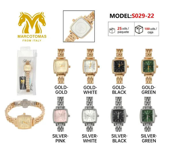 Reloj análogo para dama con brazalete metálico, carátula cuadrada estilo cojín, tono dorado o plateado