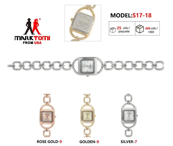 Reloj análogo para dama con correa metálica de eslabones, carátula cuadrada, disponible en oro rosa, dorado y plateado