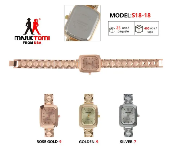 Reloj análogo para dama con correa metálica eslabonada, carátula rectangular, disponible en oro rosa, dorado y plateado