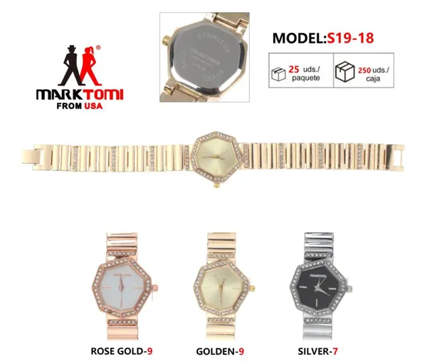 Reloj análogo para dama con correa metálica y cristales, carátula octagonal, disponible en oro rosa, dorado y plateado
