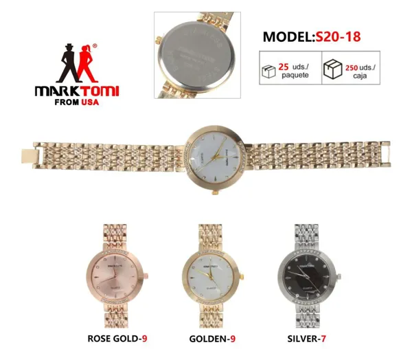 Reloj análogo para dama con correa metálica y cristales, carátula redonda, disponible en oro rosa, dorado y plateado