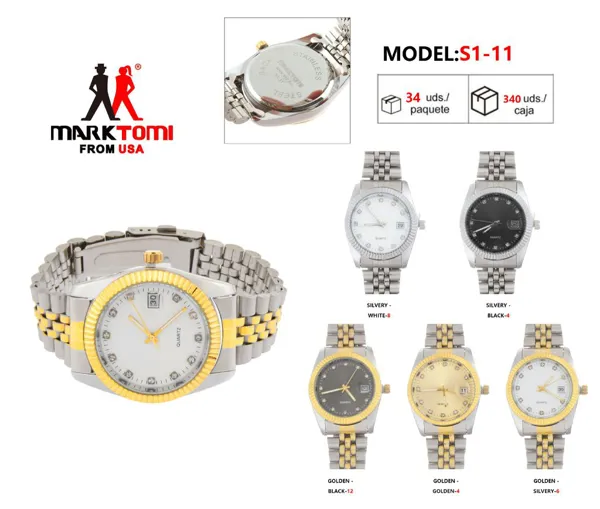 Reloj análogo para caballero con correa metálica bicolor plateado y dorado, carátula redonda con calendario