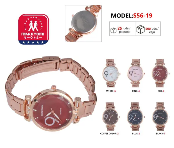 Reloj análogo para dama con correa metálica en oro rosa, carátula redonda, disponible en varios colores
