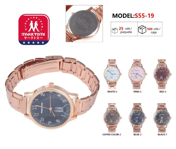 Reloj análogo para dama con correa metálica en oro rosa, carátula redonda con diseño de conejo, disponible en varios colores