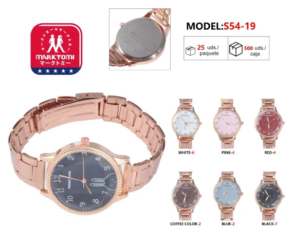 Reloj análogo para dama con correa metálica en oro rosa, carátula redonda con números grandes, disponible en varios colores