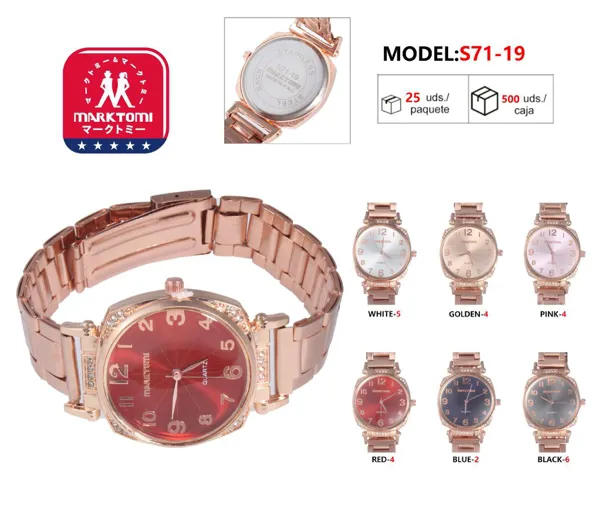 Reloj análogo para dama con correa metálica en oro rosa y cristales, carátula redonda, disponible en varios colores