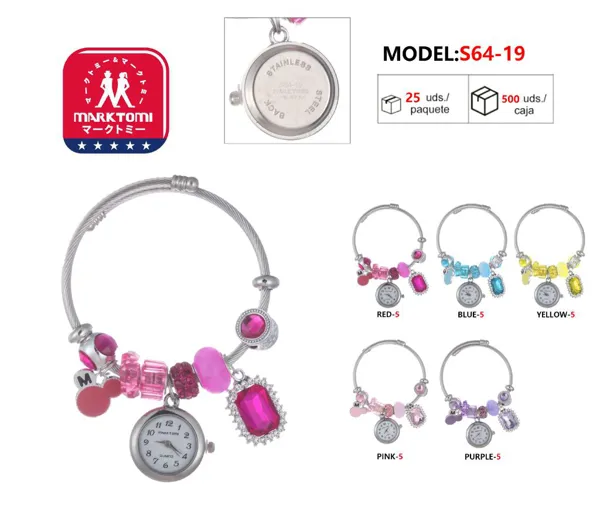 Reloj brazalete rígido para dama estilo pandora con dijes y cuentas, carátula pequeña redonda, disponible en varios colores