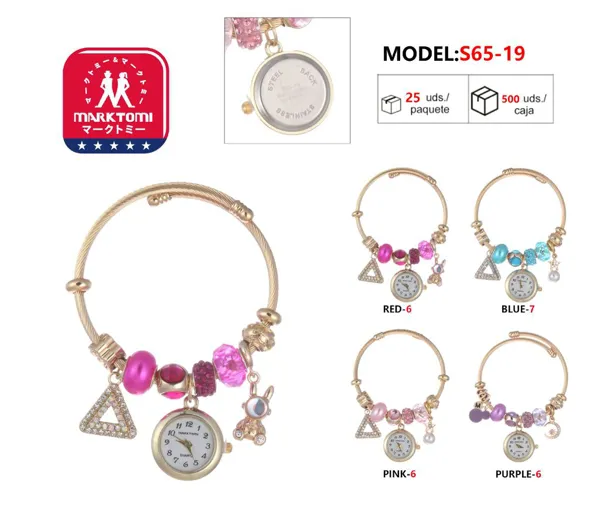Reloj brazalete rígido dorado para dama estilo pandora con dijes y cuentas, carátula pequeña redonda, disponible en varios colores