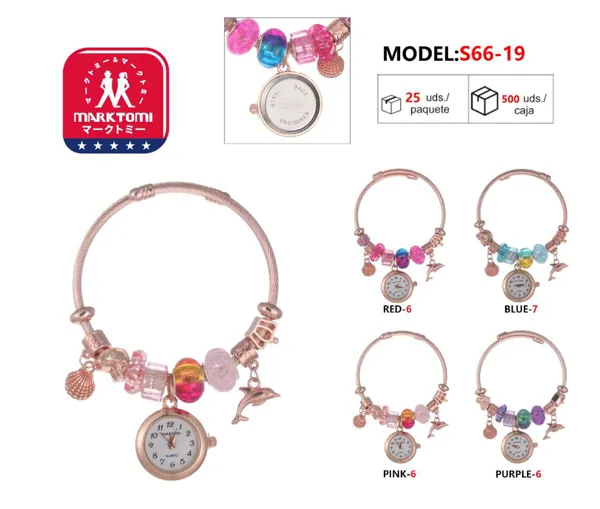 Reloj brazalete rígido oro rosa para dama estilo pandora con dijes de delfín y cuentas, carátula pequeña redonda, disponible en varios colores