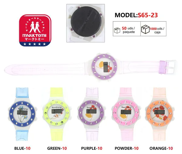 Reloj digital para niños con esfera redonda de pedrería y estampado floral, correa de silicona translúcida, varios colores