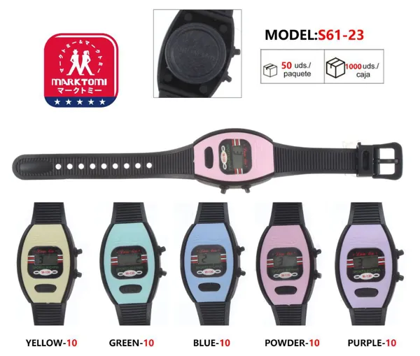 Reloj digital deportivo para niños con correa negra de silicona y frente ovalado de color, varios colores