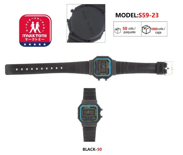 Reloj digital retro para niños estilo clásico cuadrado con correa de silicona negra