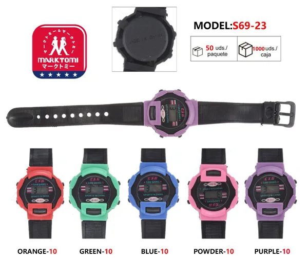 Reloj digital deportivo para niños con esfera redonda, correa negra de silicona y bisel de color, varios colores