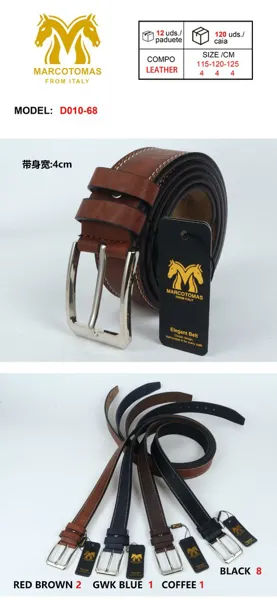 Cinturón para caballero de piel sintética con costura decorativa y hebilla de pin, café rojizo y azul