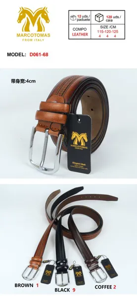 Cinturón para caballero de piel sintética con hebilla de pin, banda con grabado decorativo en los bordes, colores marrón, negro y café