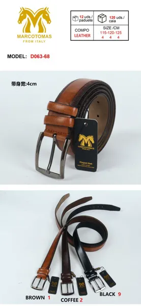 Cinturón para caballero de piel sintética con hebilla de pin, textura grabada en el canto superior, colores marrón, café y negro