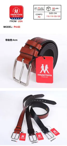 Cinturón para caballero de piel sintética con grabado tipo cachemir y hebilla de pin, en marrón, café y negro