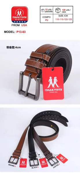 Cinturón para caballero de piel sintética con borde pespunteado y hebilla de pin, en marrón, negro y café
