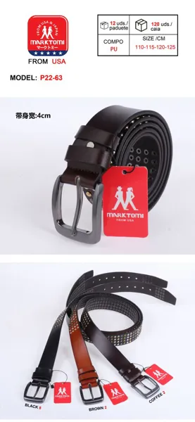 Cinturón para caballero de piel sintética con tachuelas metálicas y hebilla de pin, en negro, marrón y café