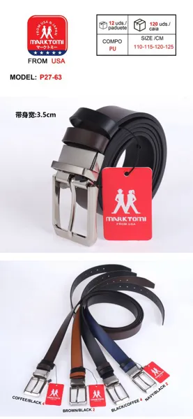 Cinturón para caballero de piel sintética reversible de dos tonos con hebilla giratoria, ancho 3.5 cm, en café/negro, marrón/negro y azul marino/negro