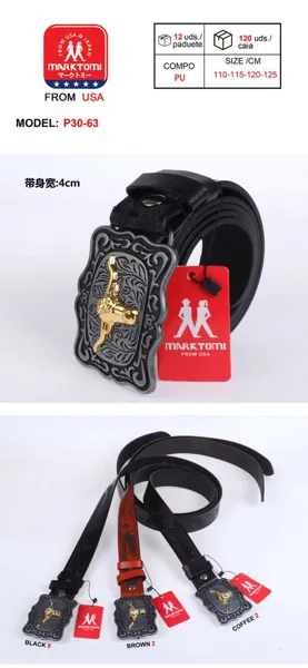 Cinturón para caballero de piel sintética estilo vaquero con hebilla de placa y figura de pistola dorada, en negro, marrón y café