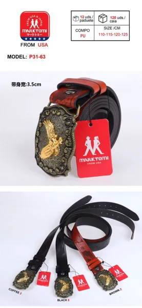 Cinturón para caballero de piel sintética estilo vaquero con hebilla de placa y águila dorada, en café, negro y marrón