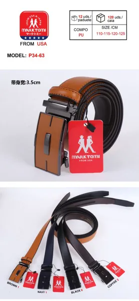 Cinturón para caballero de PU con hebilla automática, ancho 3.5 cm, colores surtidos