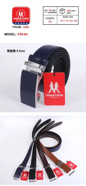 Cinturón para caballero de PU con hebilla automática rectangular, ancho 3.5 cm, colores surtidos
