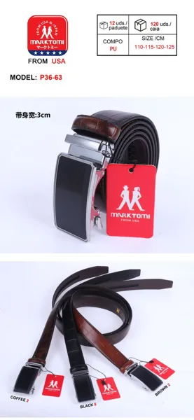 Cinturón para caballero de PU grabado tipo cocodrilo con hebilla automática de placa negra, ancho 3 cm