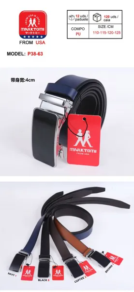 Cinturón para caballero de PU liso con hebilla automática de placa, ancho 4 cm, colores surtidos