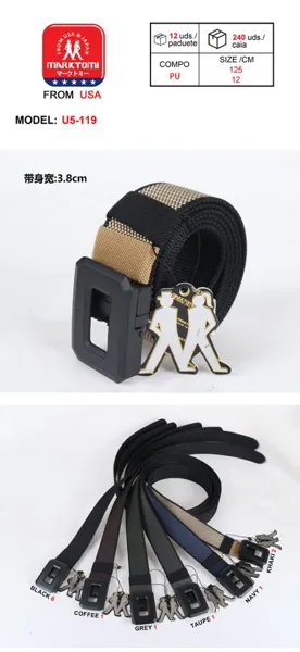 Cinturón trenzado de nailon para caballero con hebilla rectangular abierta negra, color negro