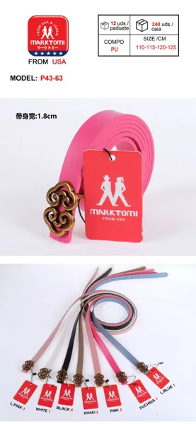 Cinturón fino para dama con hebilla floral dorada, color fucsia