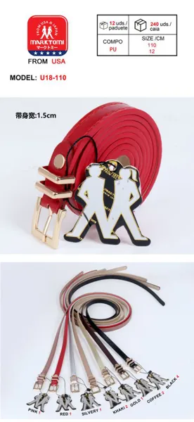 Cinturón fino para dama con hebilla de doble pin dorada, color rojo