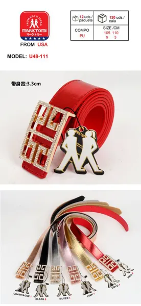 Cinturón para dama con hebilla rectangular con pedrería dorada, color rojo
