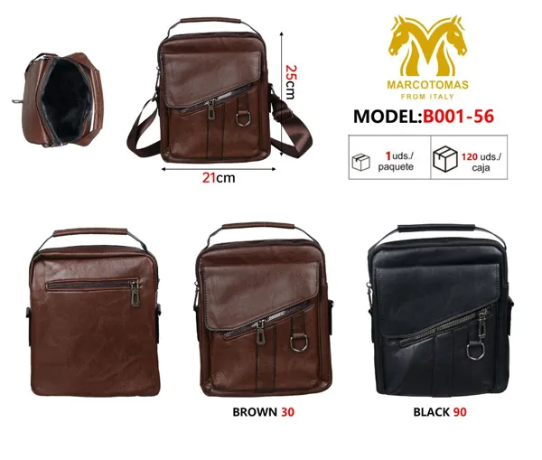 Bolso cruzado vertical para caballero de piel sintética con cierre diagonal, colores café y negro